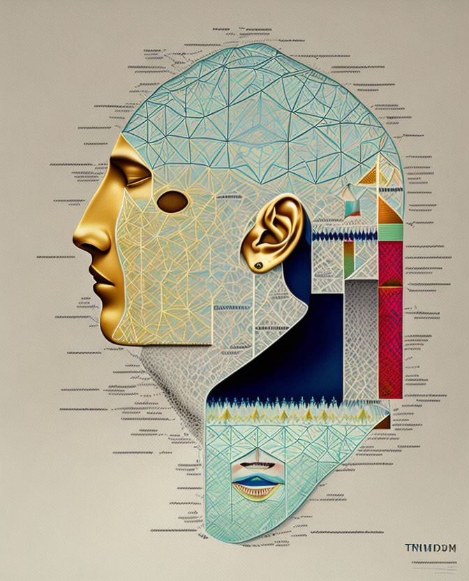 Geometric human head profile with intricate patterns on textured background