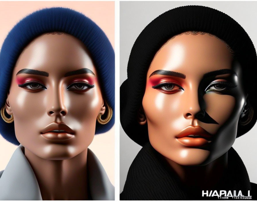 Digitally rendered female faces with makeup, hats, and hoop earrings.