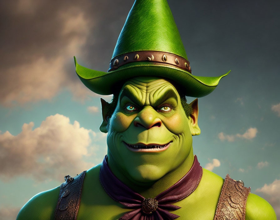 Smiling animated ogre with green face, brown hat, purple bow tie, and vest