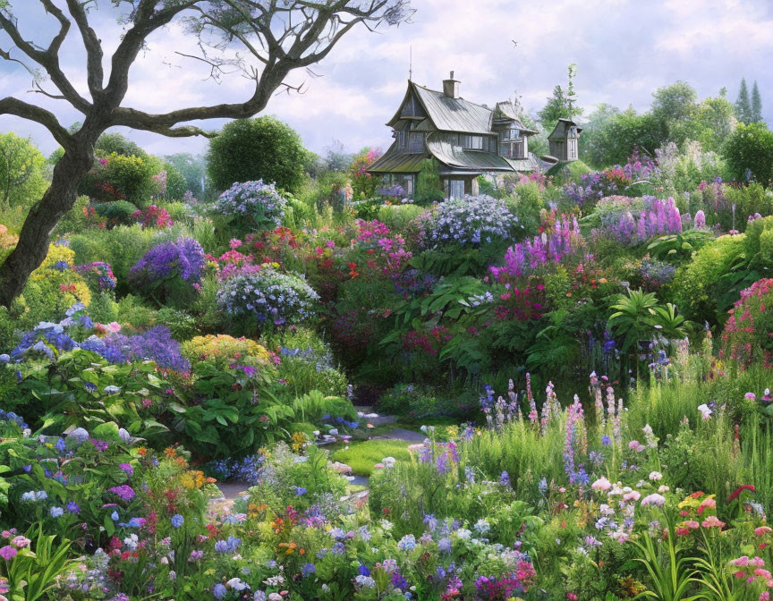 Colorful Flower Garden Surrounding Quaint Cottage