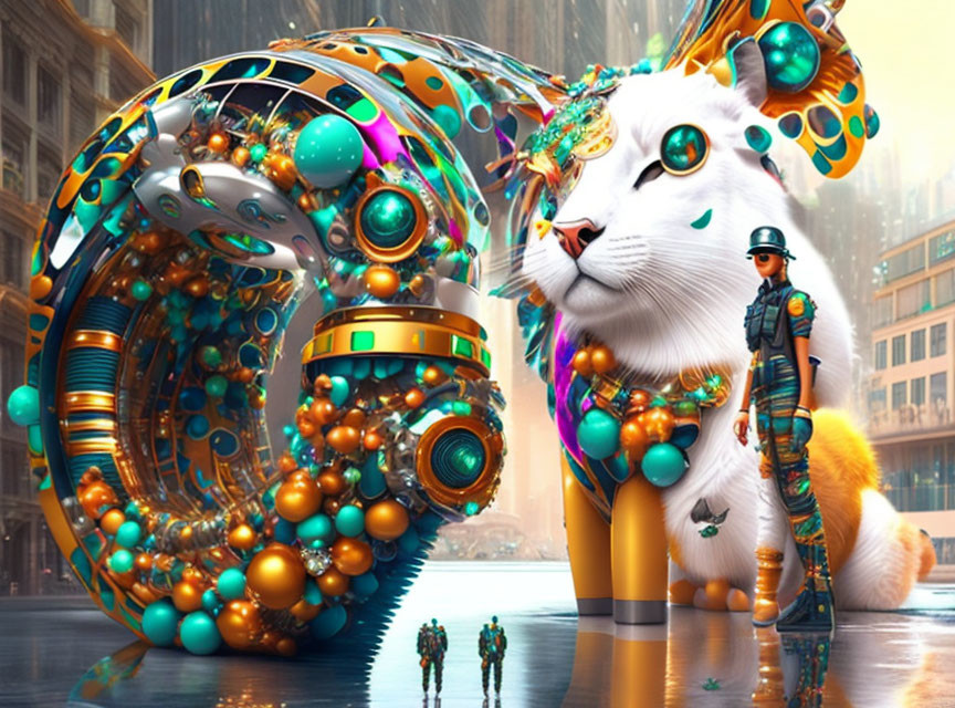 Futuristic scene featuring giant robotic cat and advanced cityscape