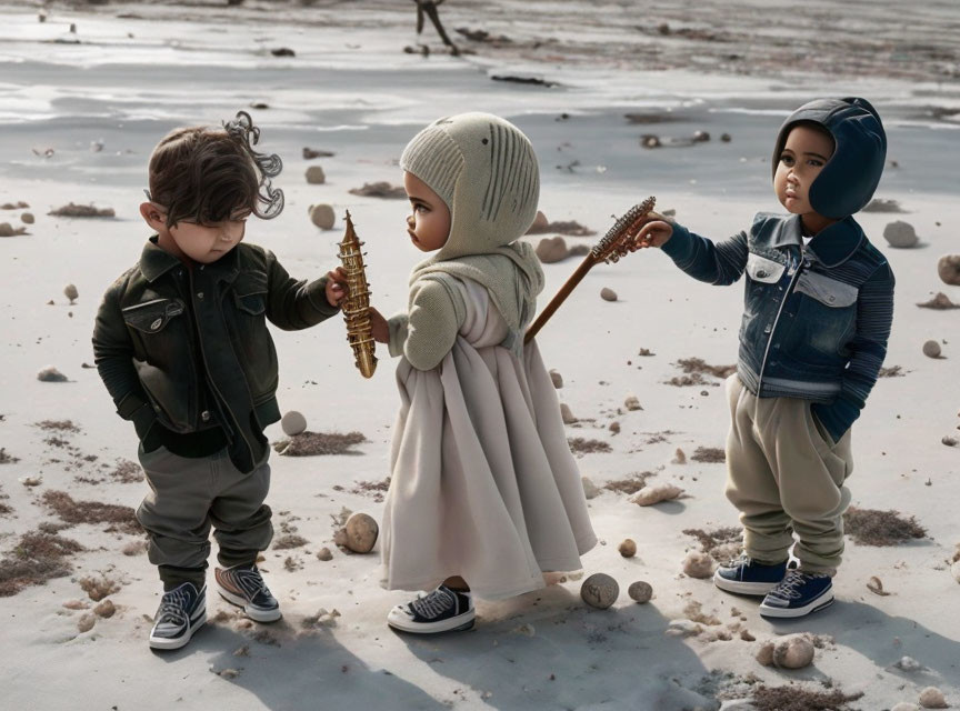 Three animated toddlers with lantern and guitar on beach in casual clothes