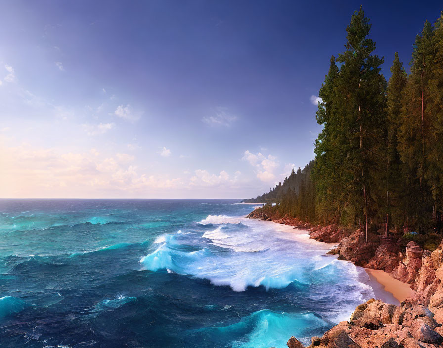 Tranquil Coastal Landscape with Pine Forest and Turquoise Waves