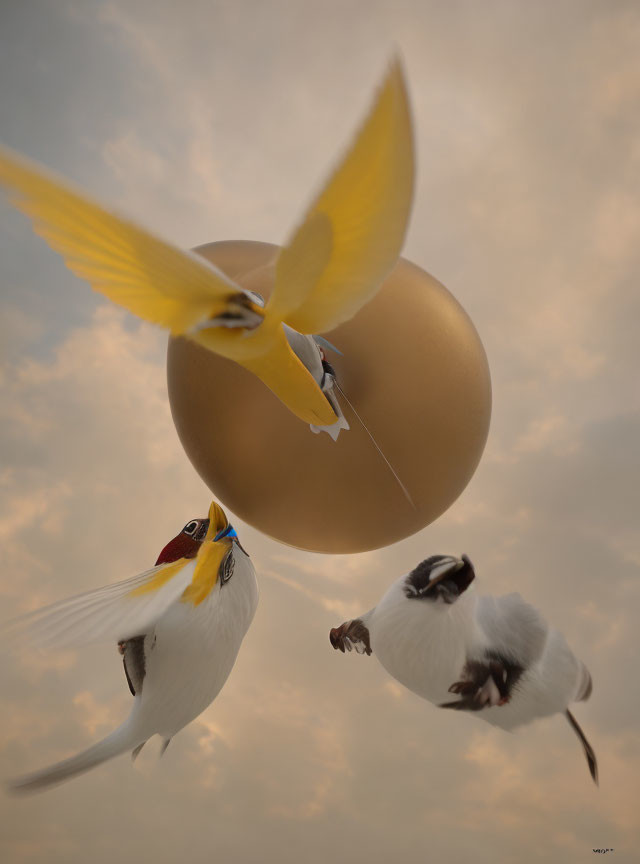 Three birds flying around a large golden orb in cloudy sky.