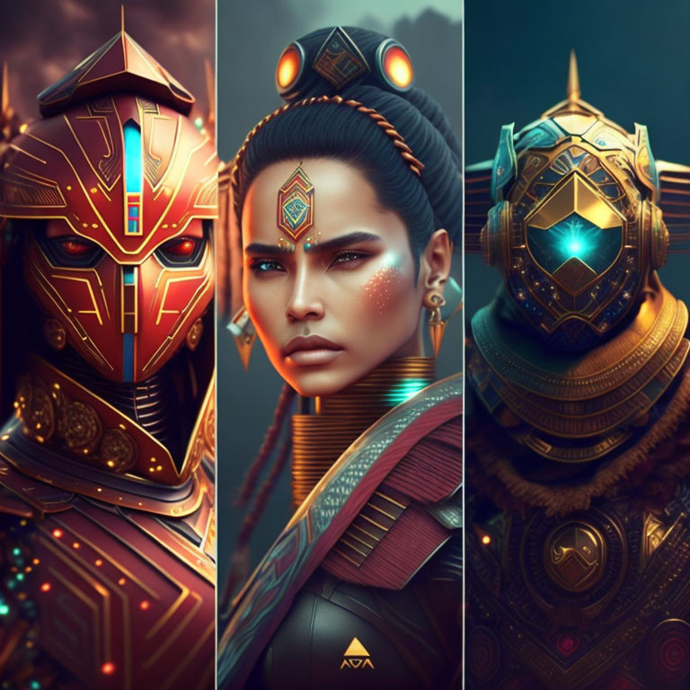 Stylized portraits of futuristic warriors in elaborate armor and helmets.