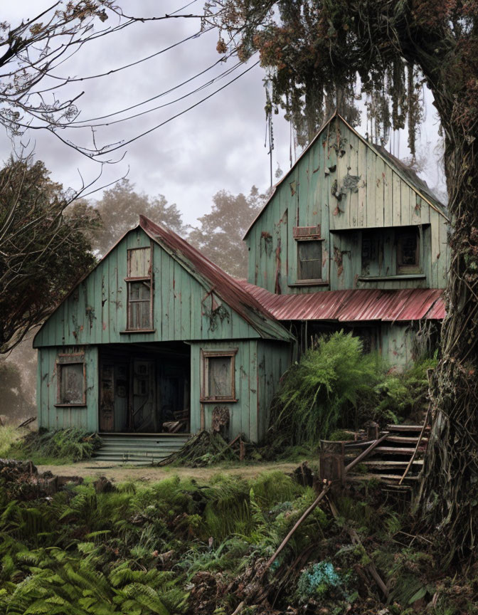 Rusted roof wooden house in overgrown forest