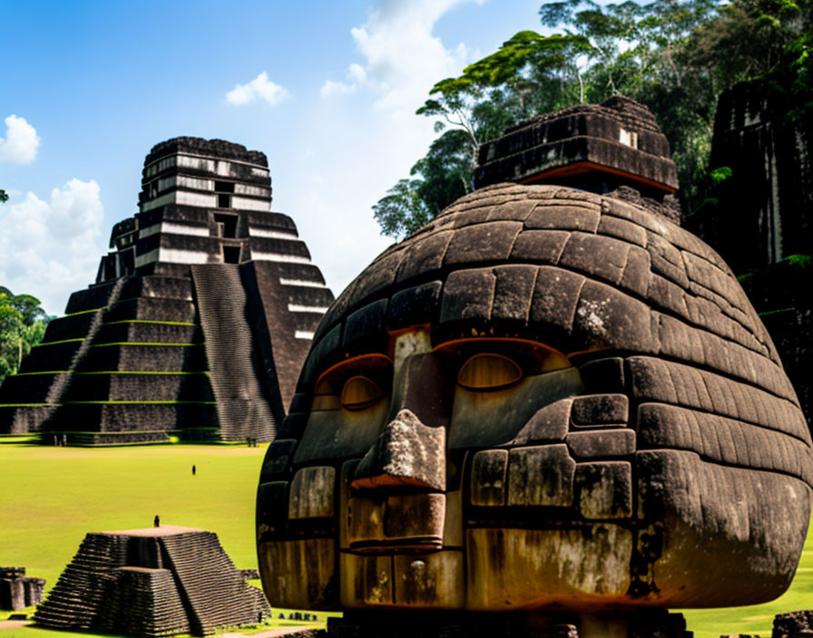 Stone-carved head and stepped pyramids in lush Mesoamerican ruins