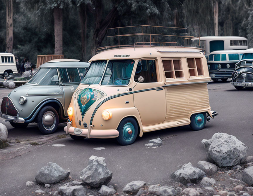 Collection of Vintage Vehicles: Cream Van, Classic Car, and Camper Vans