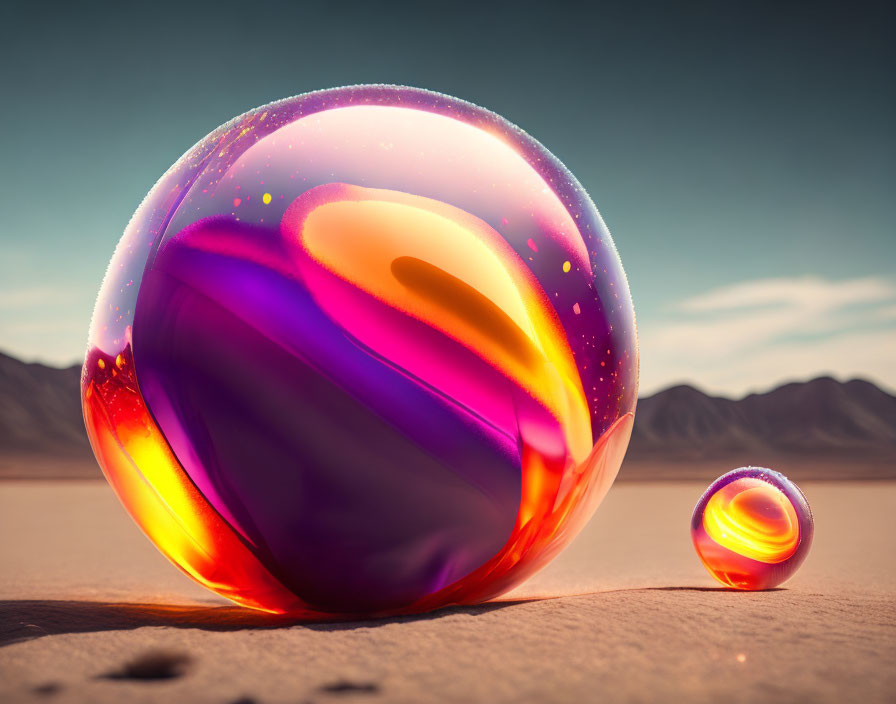 Iridescent marbles with swirling colors on sandy desert ground