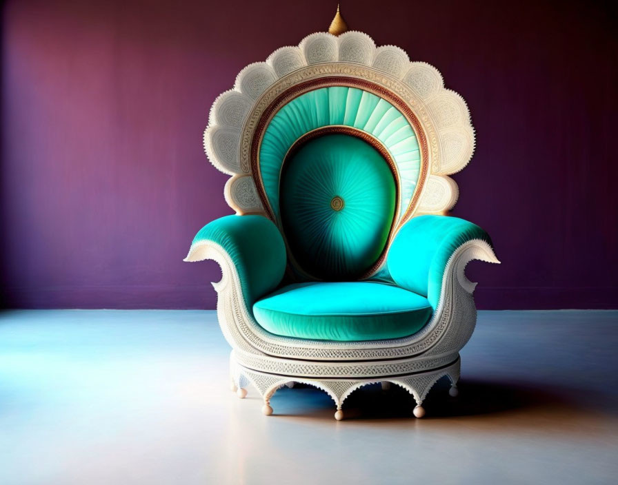 Luxurious Peacock-Themed Chair with White Framework and Turquoise Seat on Purple Gradient Background