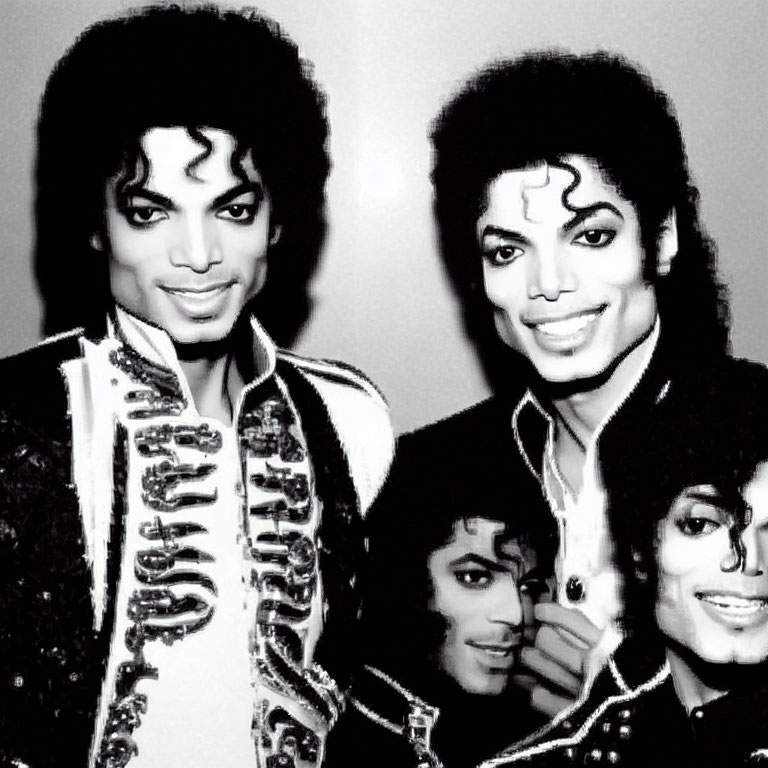 Monochrome photo collage: man with curly hair, decorated jacket, soft smile