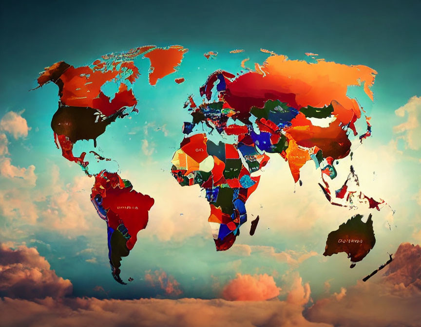 Vibrant world map with colorful countries on cloud and sky backdrop