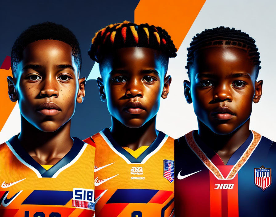 Vibrant Soccer Jerseys on Three Young Boys with Colorful Background