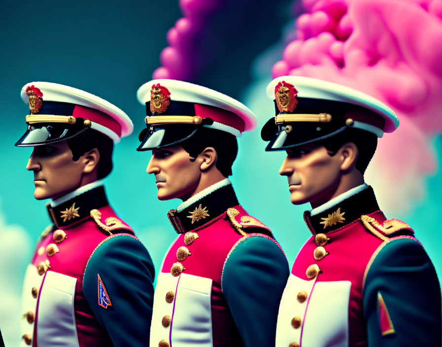 Ceremonial soldiers in uniform with pink smoke cloud.