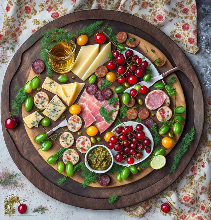 Wooden Charcuterie Board with Cheese, Meats, Olives, Tomatoes, Pesto