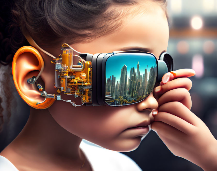 Young girl with augmented reality glasses and futuristic cityscape reflection.