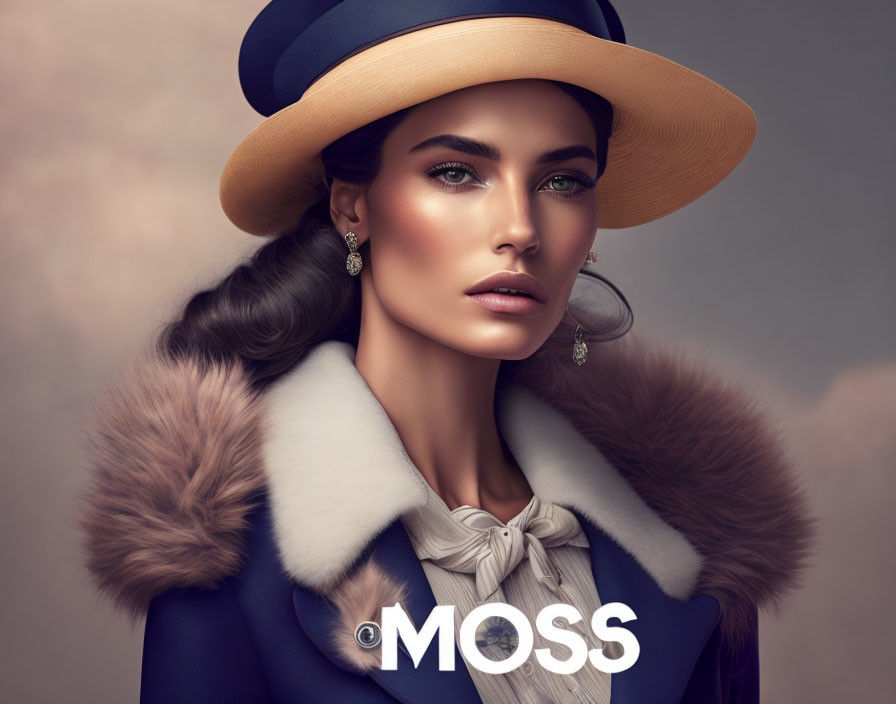 Digital portrait of woman with braid in stylish hat and fur coat.