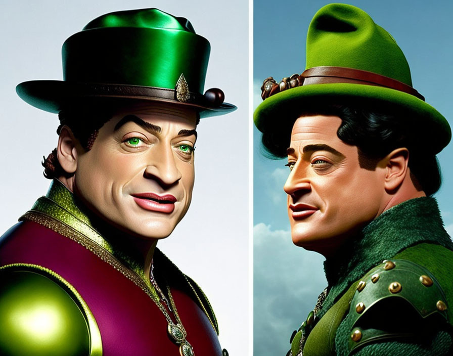 Dual portraits of animated character in green top hat and period costume