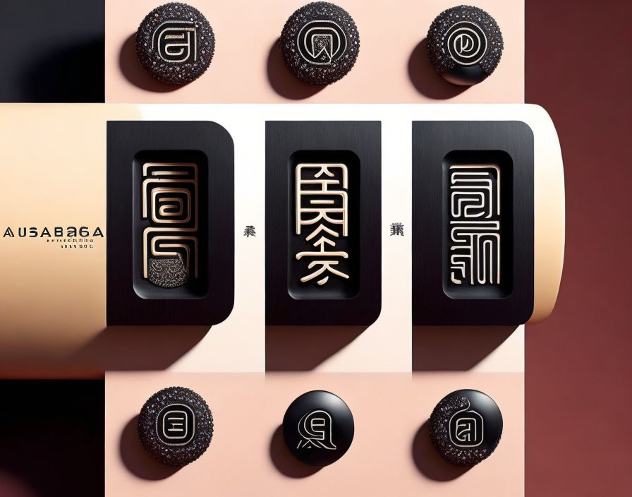 Six black and gold embossed designs on cosmetics packaging with unique symbols on two-toned background