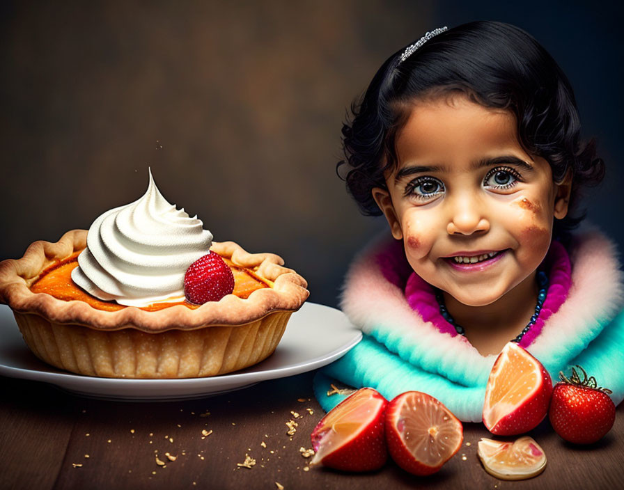 Smiling child with tiara next to fruit tart and whipped cream plate