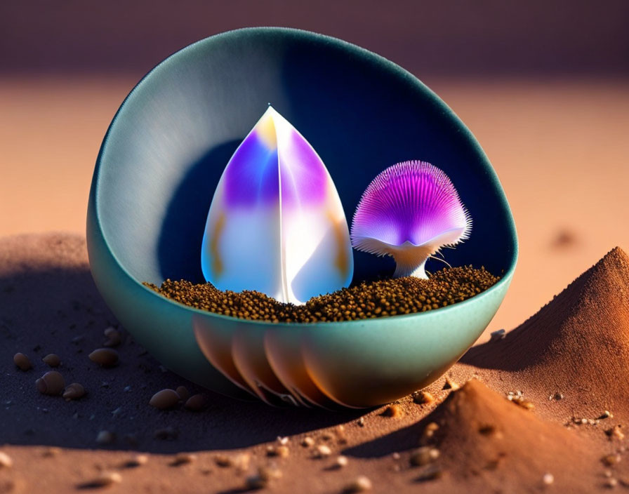 Surreal split-open sphere in desert with sand, white flame, and purple mushroom