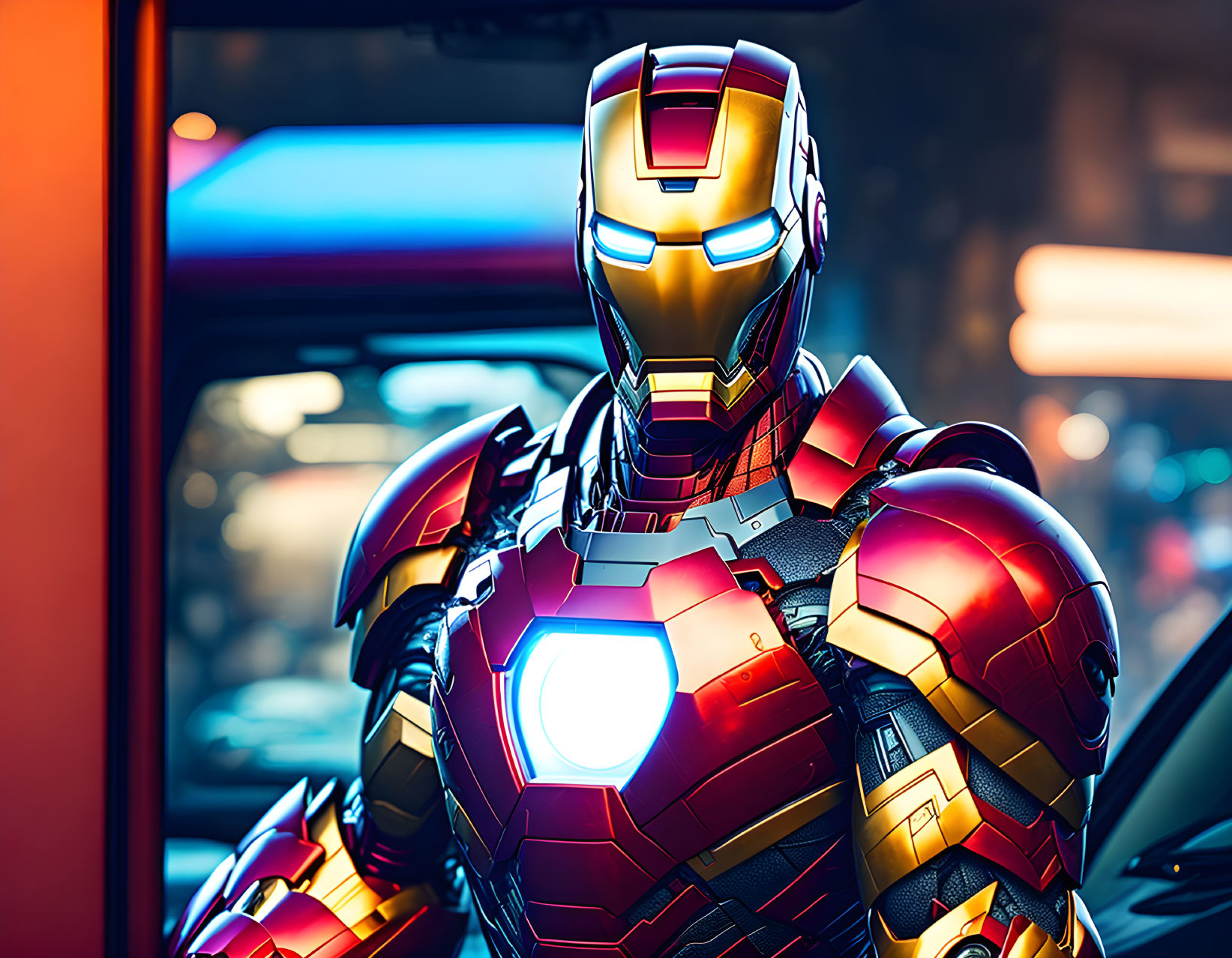 Detailed Iron Man in full armor with glowing arc reactor, city backdrop