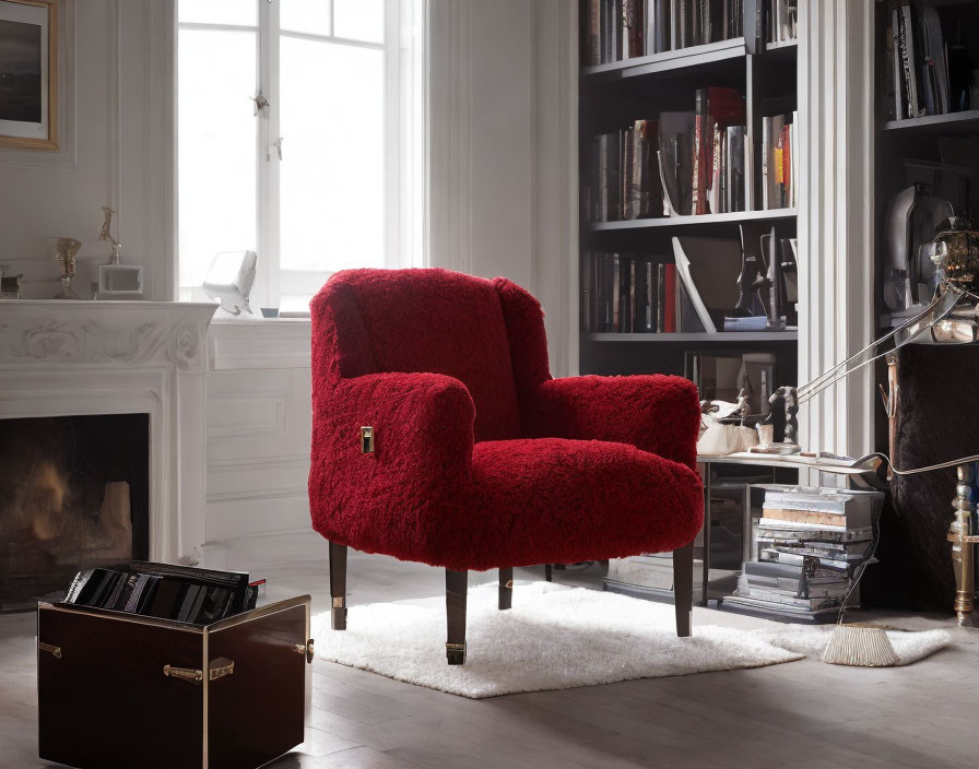 Cozy Reading Nook with Red Armchair, Fireplace, and Bookshelf