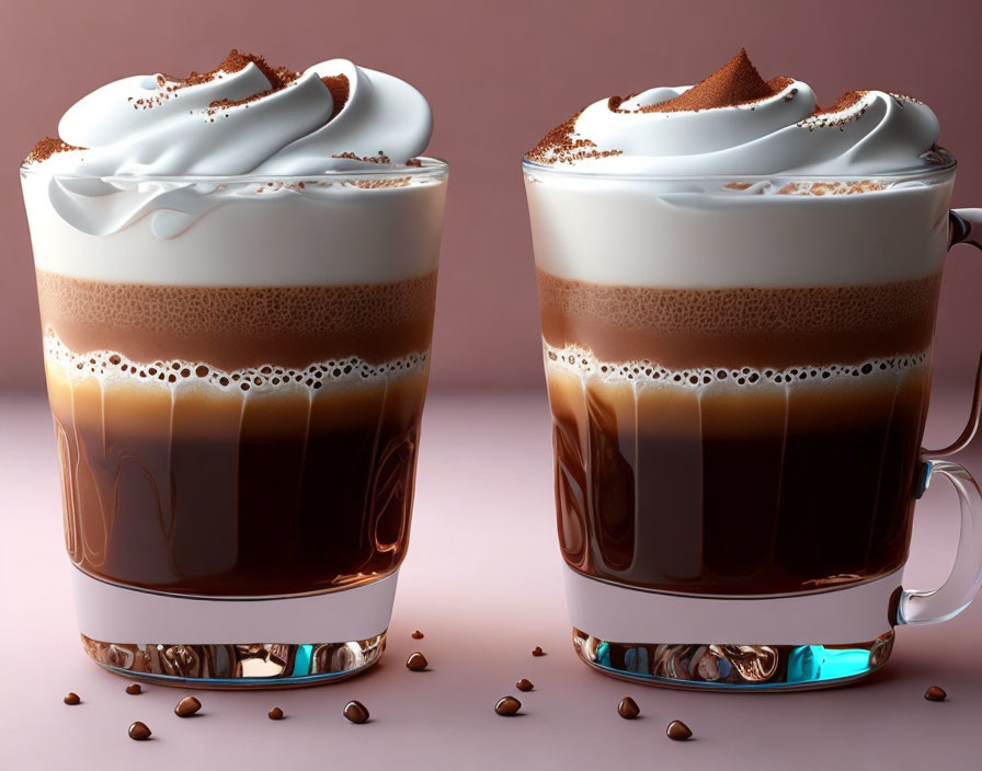 Layered cappuccino cups with frothy cream and cocoa powder, coffee beans on reflective surface