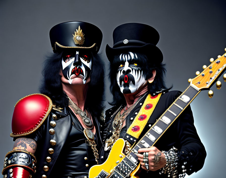 Two individuals in black and white stage makeup and outfits with electric guitar