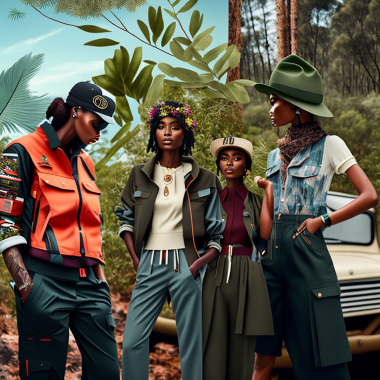 Four Women in Stylish Outdoor Attire Pose in Forest Setting