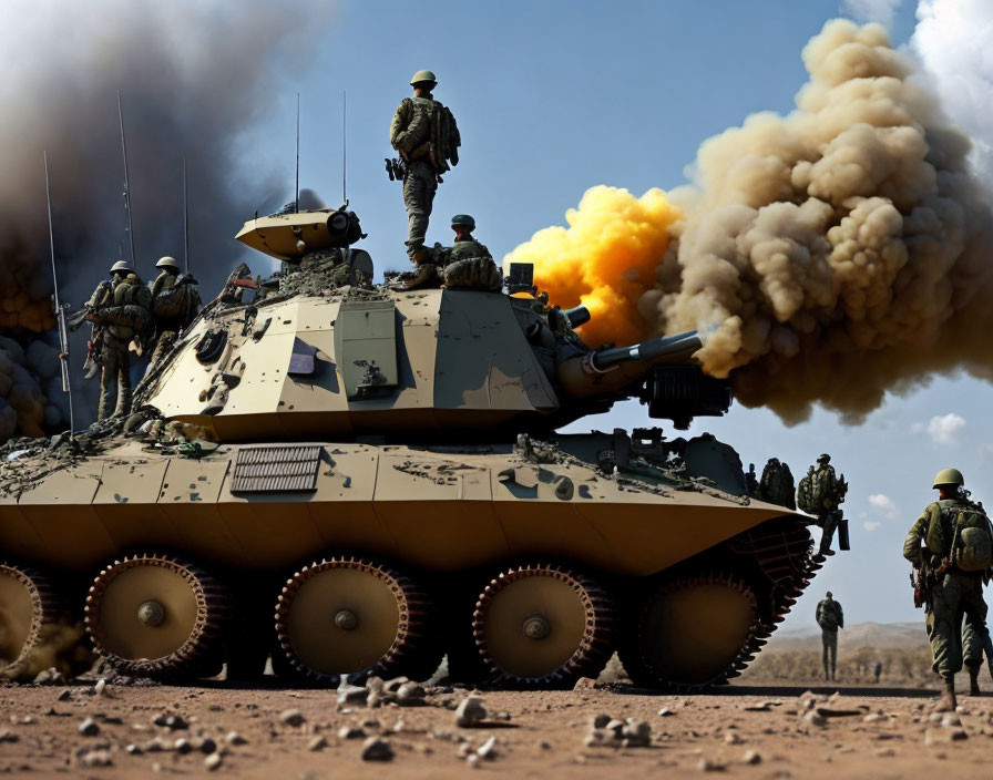 Military tank firing gun in combat scene with soldiers and dusty backdrop