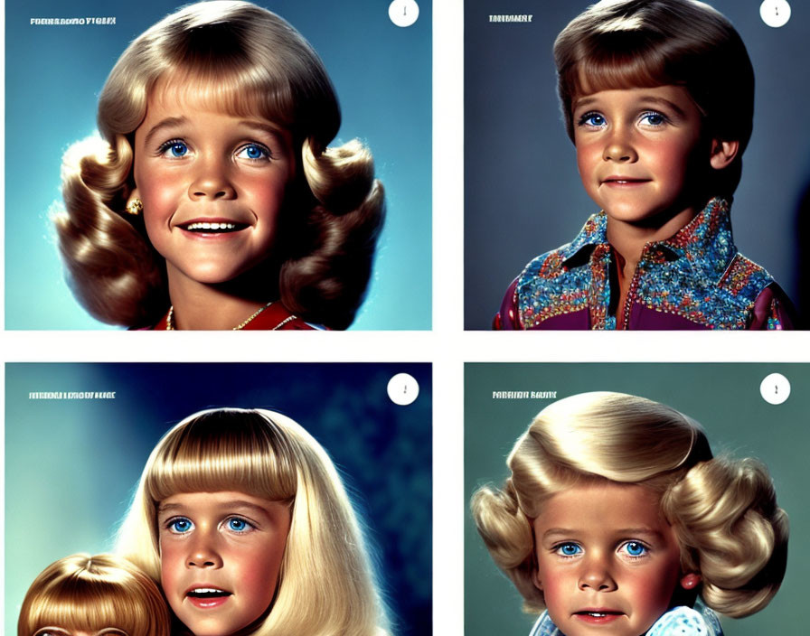 Four portraits of a young girl with various hairstyles and outfits showcasing different facial expressions