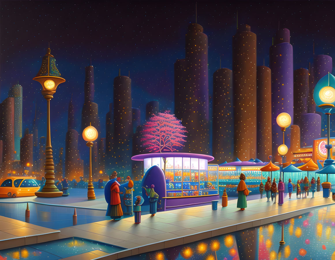 Night Cityscape with Illuminated Buildings, Purple Tree Kiosk, and Futuristic Cars