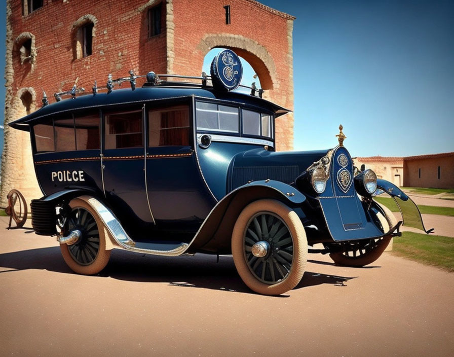 Vintage police vehicle parked by brick building on sunny day