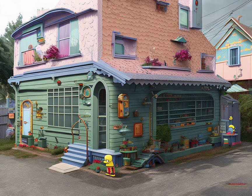 Colorful Whimsical House with Cartoon-Like Features and Character Standing Nearby