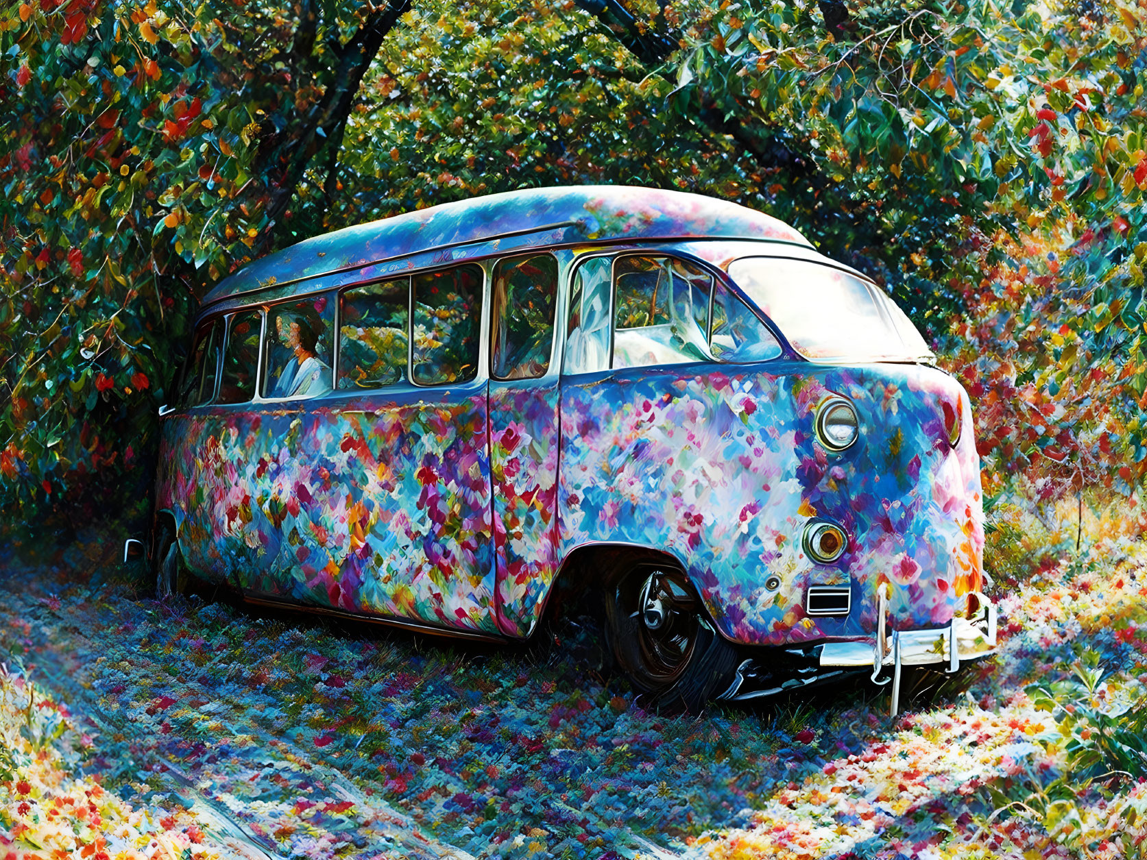 Vintage Bus with Floral Design in Autumn Forest
