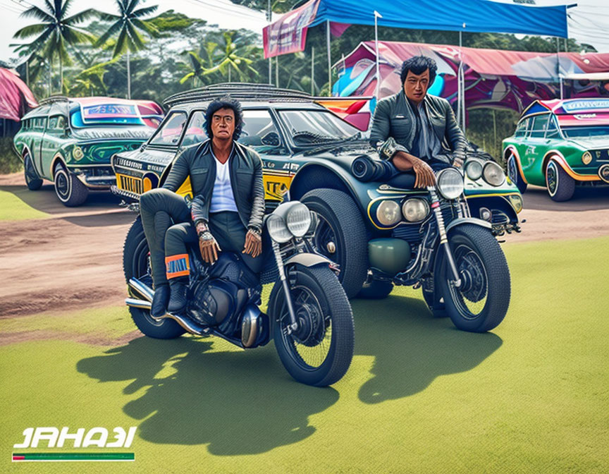 Men on vintage motorcycles in casual attire with tropical backdrop and colorful tuk-tuks