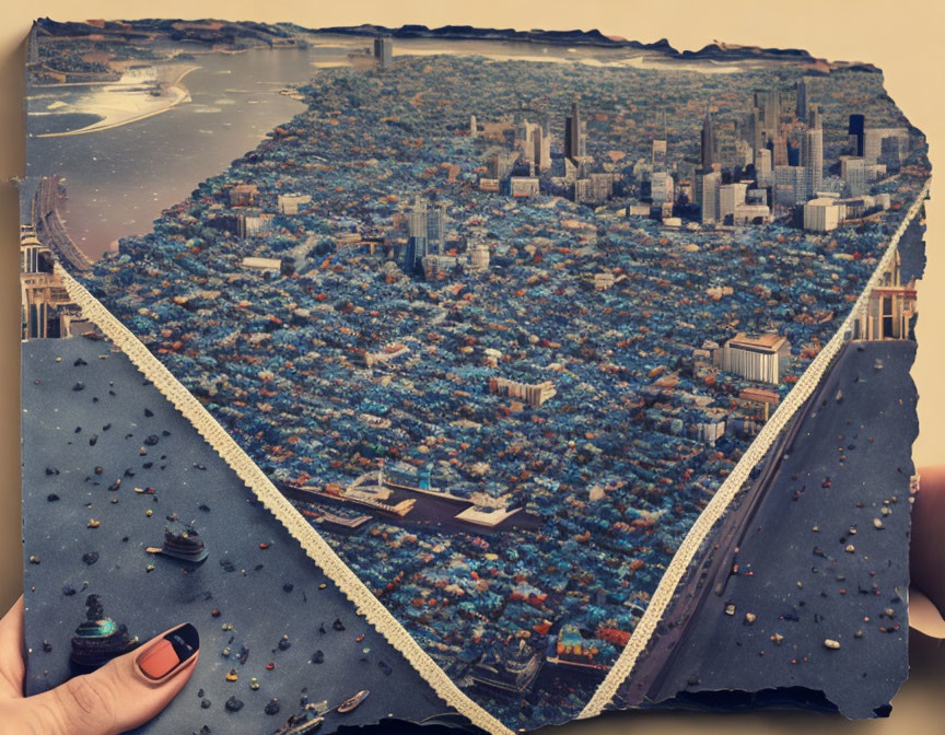 Realistic 3D cityscape pop-up book with skyscrapers and streets