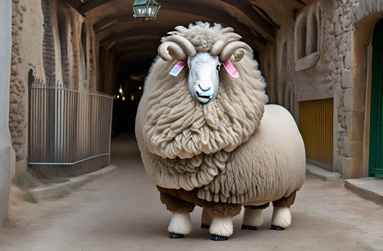 Oversized fluffy sheep with prominent wool in stone archway