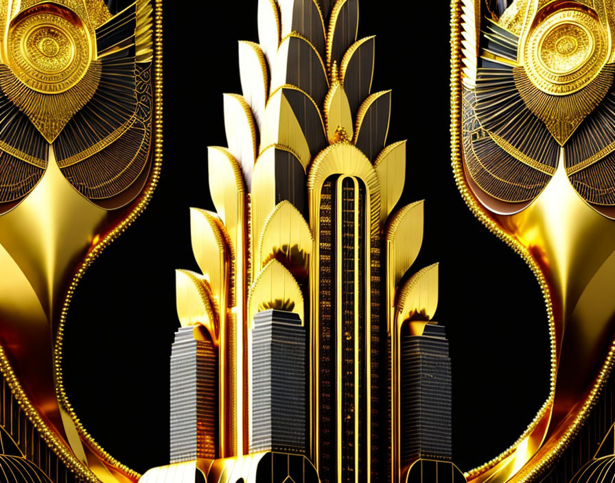 Golden skyscrapers with ornate patterns on black background: Luxurious futuristic cityscape