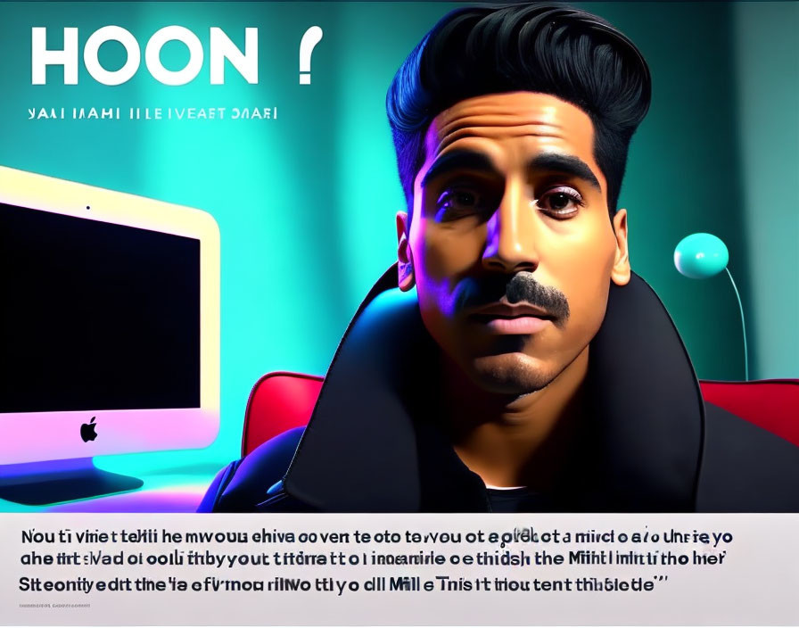 Colorful 3D illustration of a man with a mustache and computer monitor