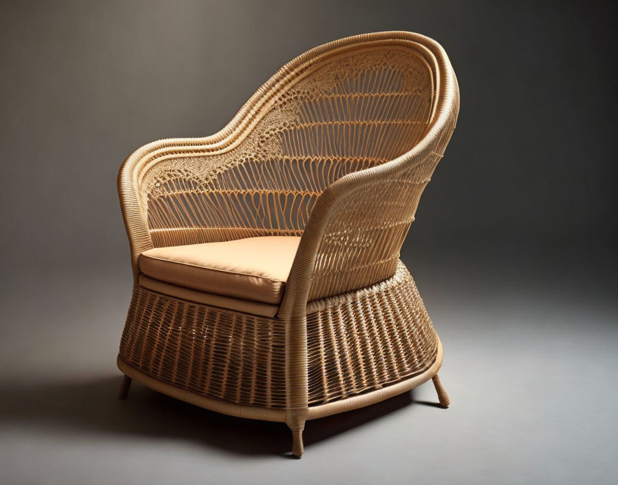 Wicker armchair with plush beige cushion and intricate woven backrest