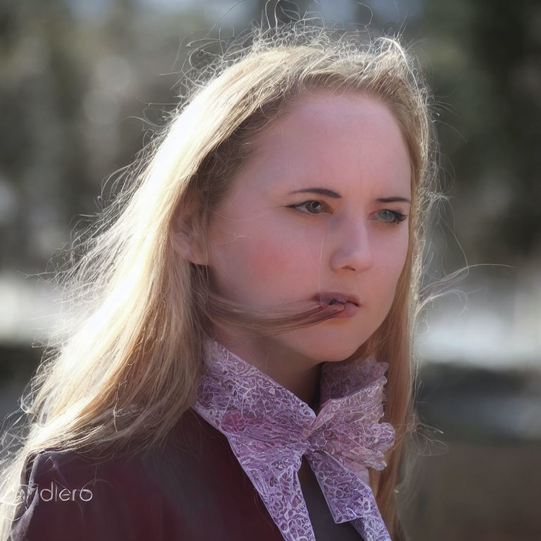 Blonde woman with lace collar gazes pensively outdoors