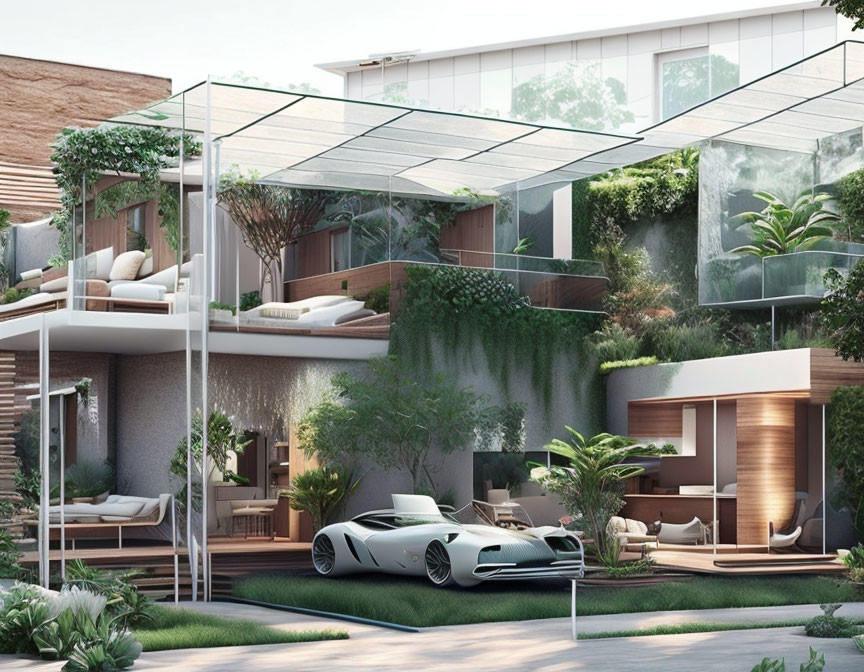 Sustainable house design with greenery, open spaces, and futuristic car