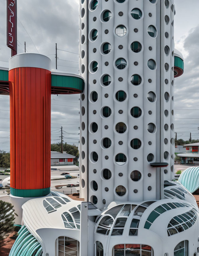 Futuristic cylindrical tower with round windows and red accents