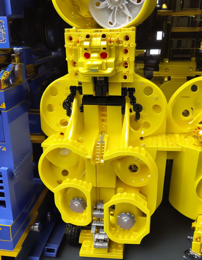 Detailed Close-Up of Yellow and Black Lego Structure with Gears