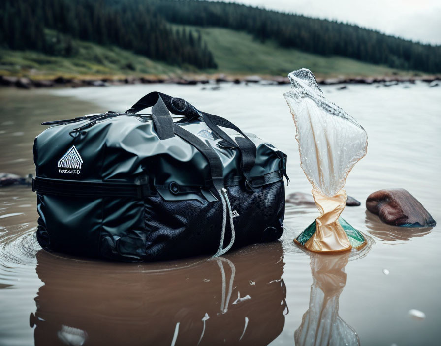 Waterproof Bag and Translucent Umbrella by Serene Lake Shore