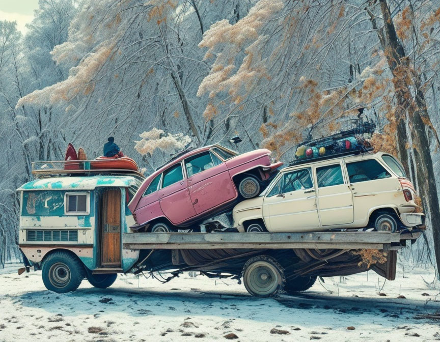 Classic Cars on Flatbed Trailer in Snowy Scene