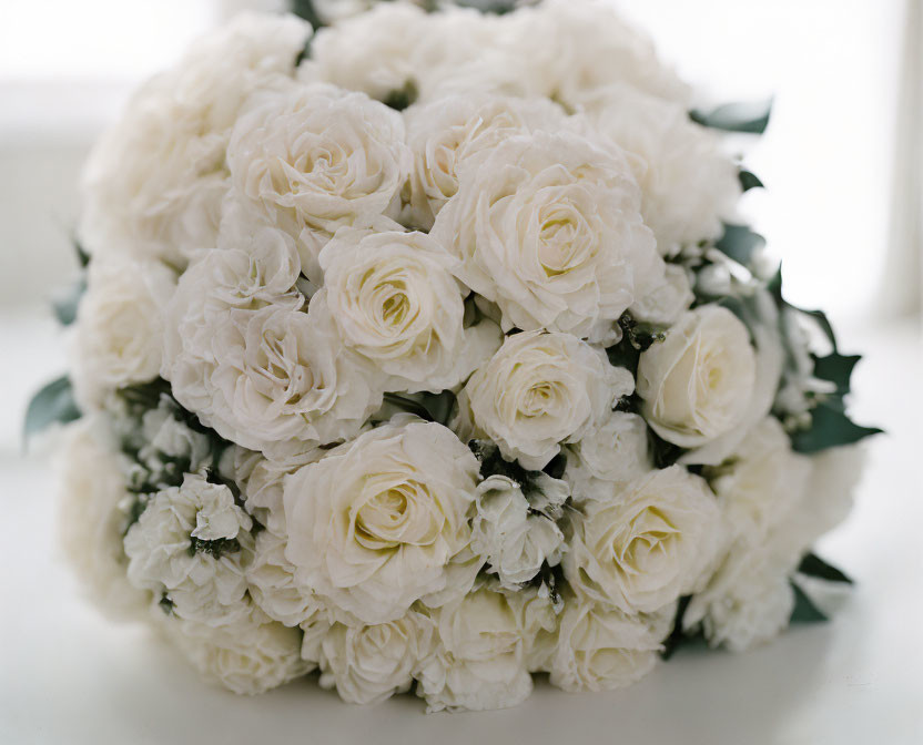 White Roses Bouquet with Green Foliage on Soft White Background