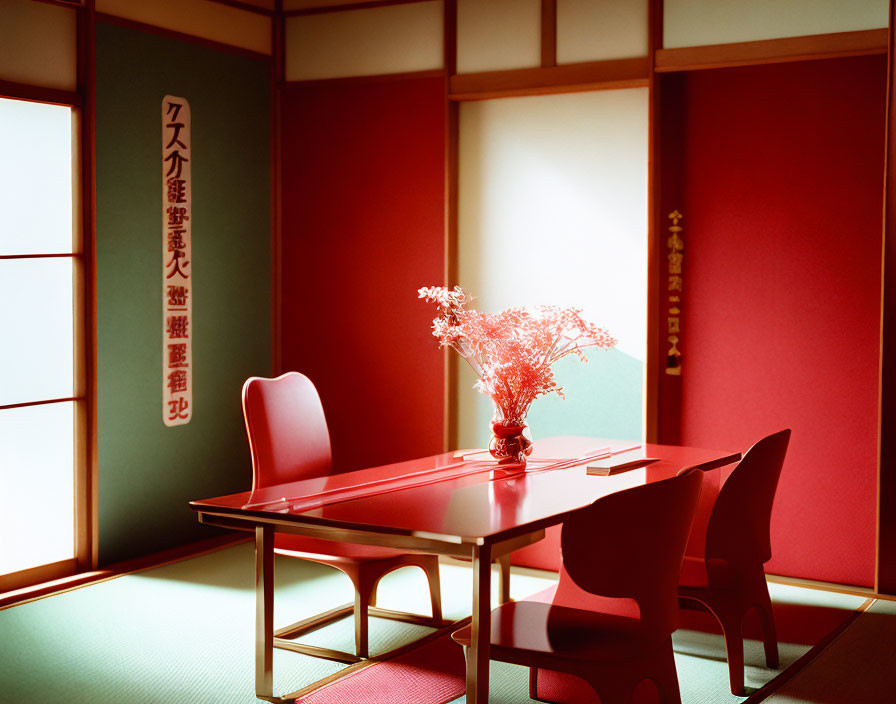 Japanese-style Room with Tatami Floor, Sliding Doors, Red Table, Chairs, and Pink Flowers